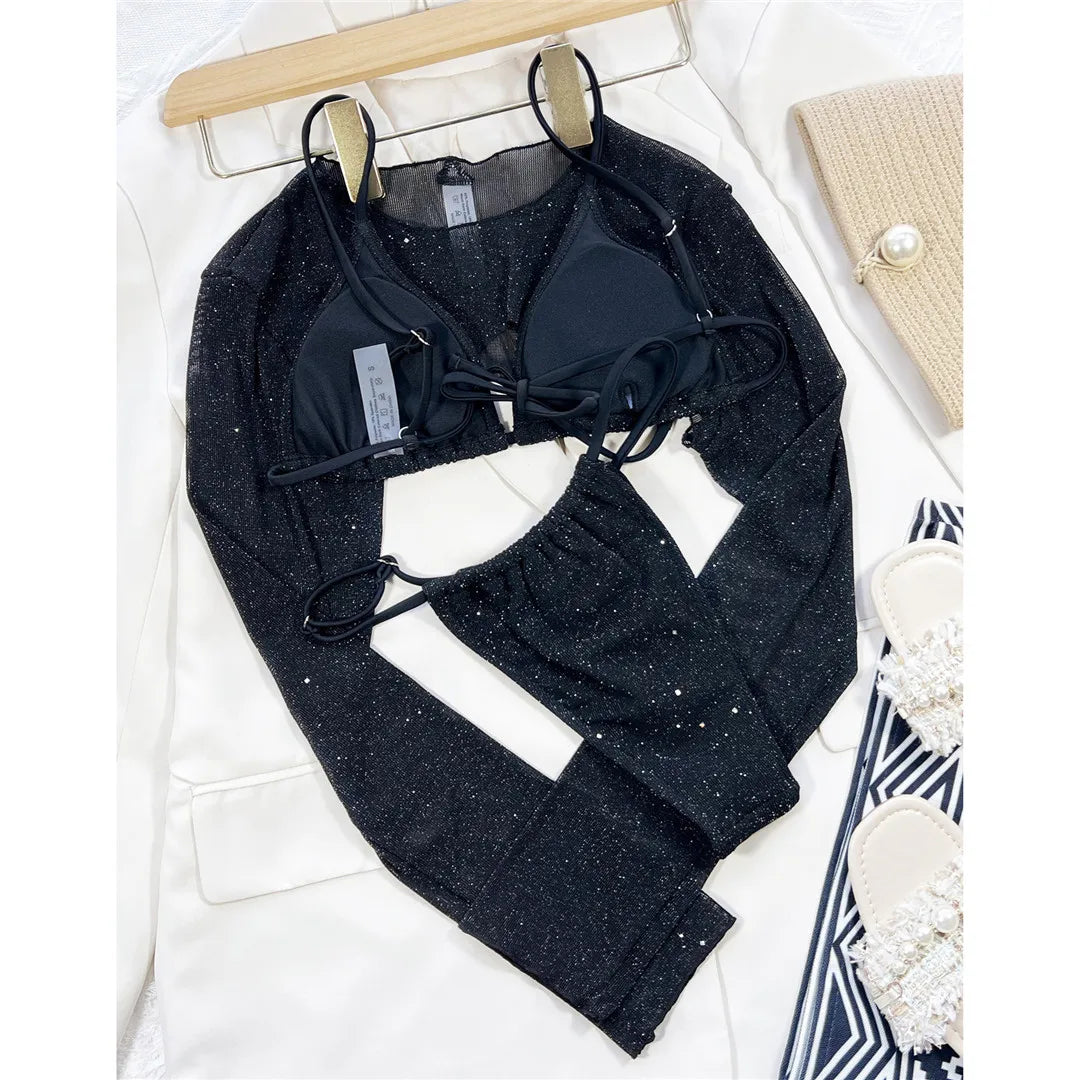 Sexy With Long Sleeves Cover Bling Bikini Female Swimsuit Women Swimwear Three-Pieces Bikini Set Bather Bathing Suit Swim V3711