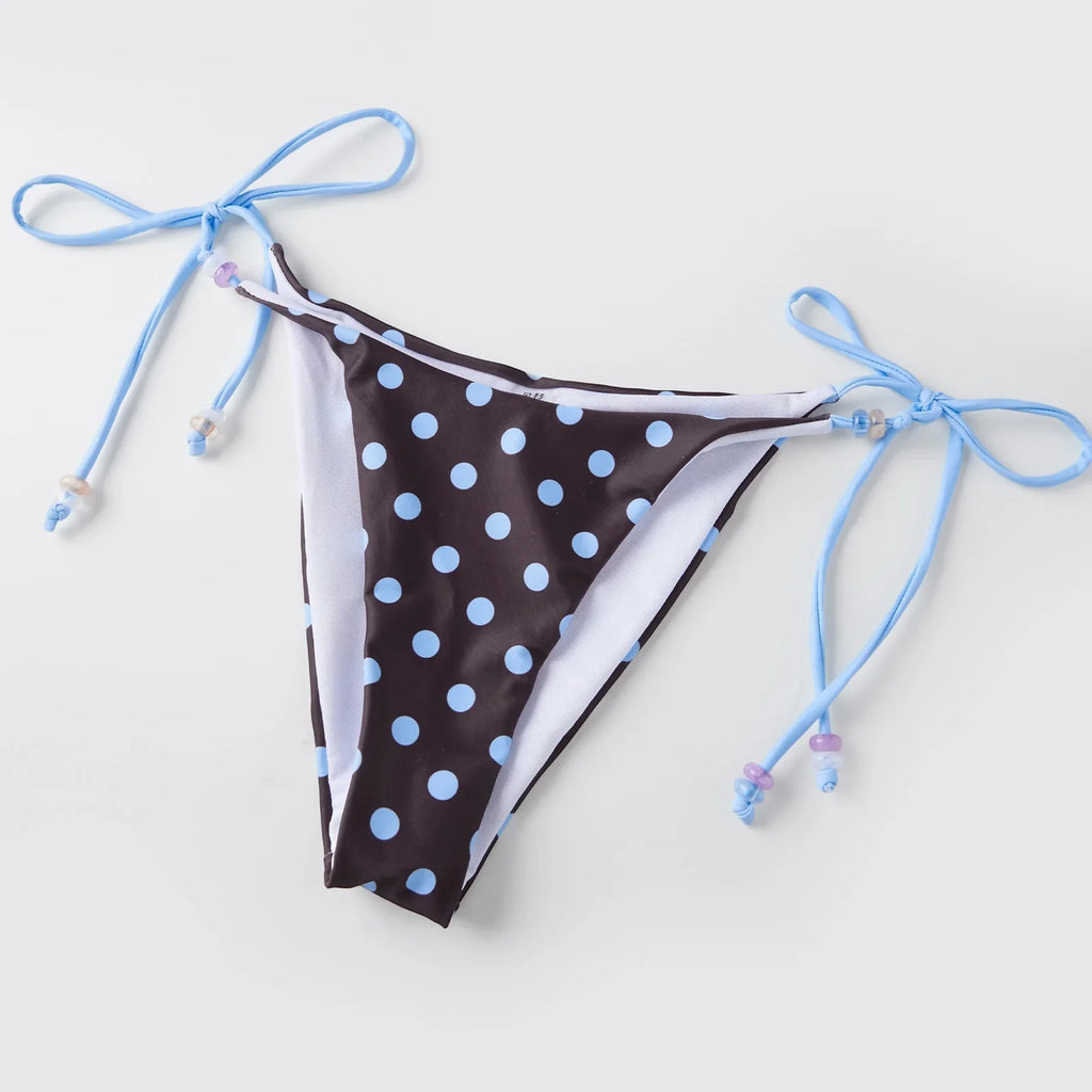 2026 Summer Women's Bikini Set Striped Dots Halter Bra with Side Tie-ups Bead Briefs 2 Piece Swimsuits Female Bathing Suits