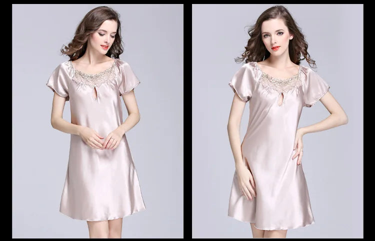 Women's Sleepwear Ice Silk Casual Silk Pajamas Women's Summer Sexy Short Sleeve Lace Pajamas Loungewear