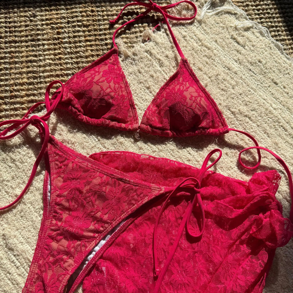 with Mesh Sarong Lace Halter High Cut Bikini Female Swimsuit Women Swimwear Three-pieces Bikini Set Bathing Suit Swim Beachwear