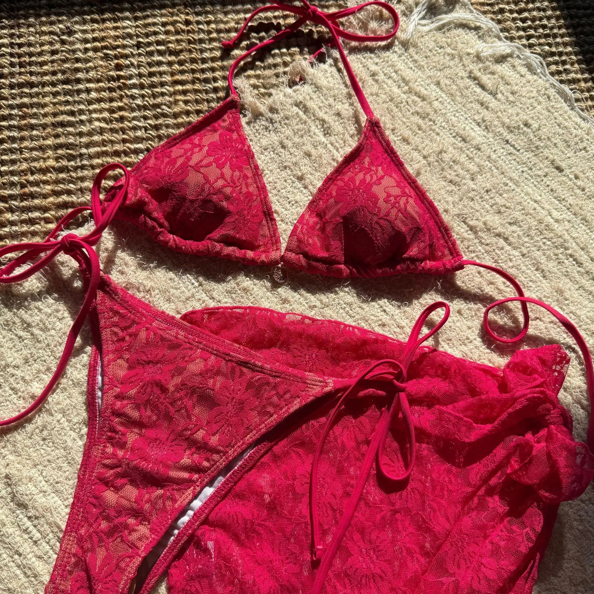 with Mesh Sarong Lace Halter High Cut Bikini Female Swimsuit Women Swimwear Three-pieces Bikini Set Bathing Suit Swim Beachwear