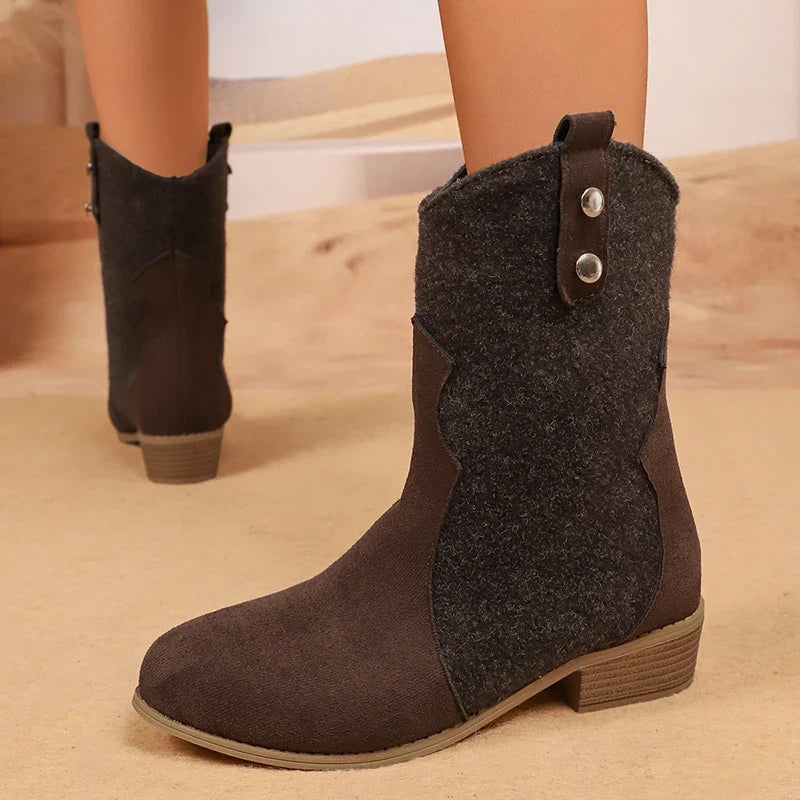 Brown Pu Leather Pleated Ankle Boots Women Plus Size 36-43 Thick Heeled Western Booties Mujer 2025 Slip On Cowboy Boots Woman