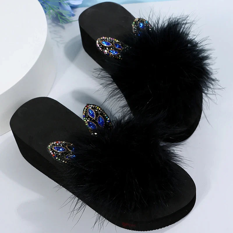 Faux Fur Wedges Slippers for Women Spring Autumn Fashion Crystal Detor Platform Slides Woman Slip On Open Toe Slippers Female
