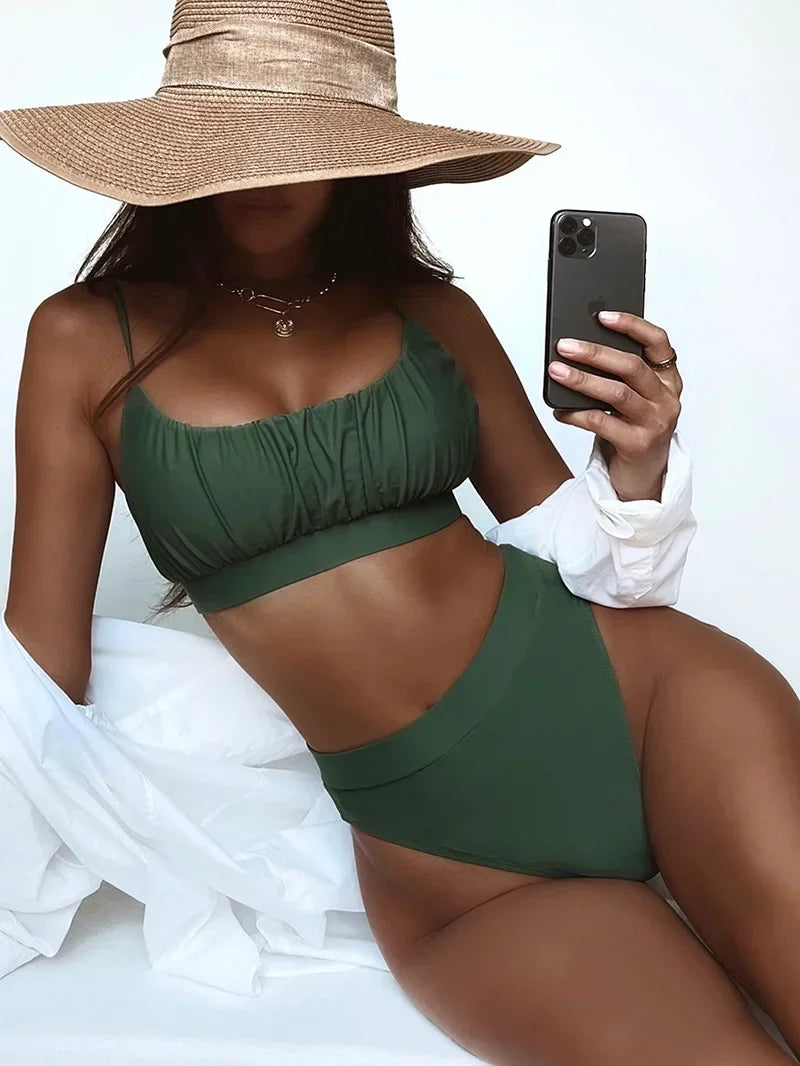 2026 Wrinkled Ruched High Waist Bikini Women Swimsuit Female Swimwear Two Pieces Bikini Set High Cut Bathing Suit Swim Beachwear