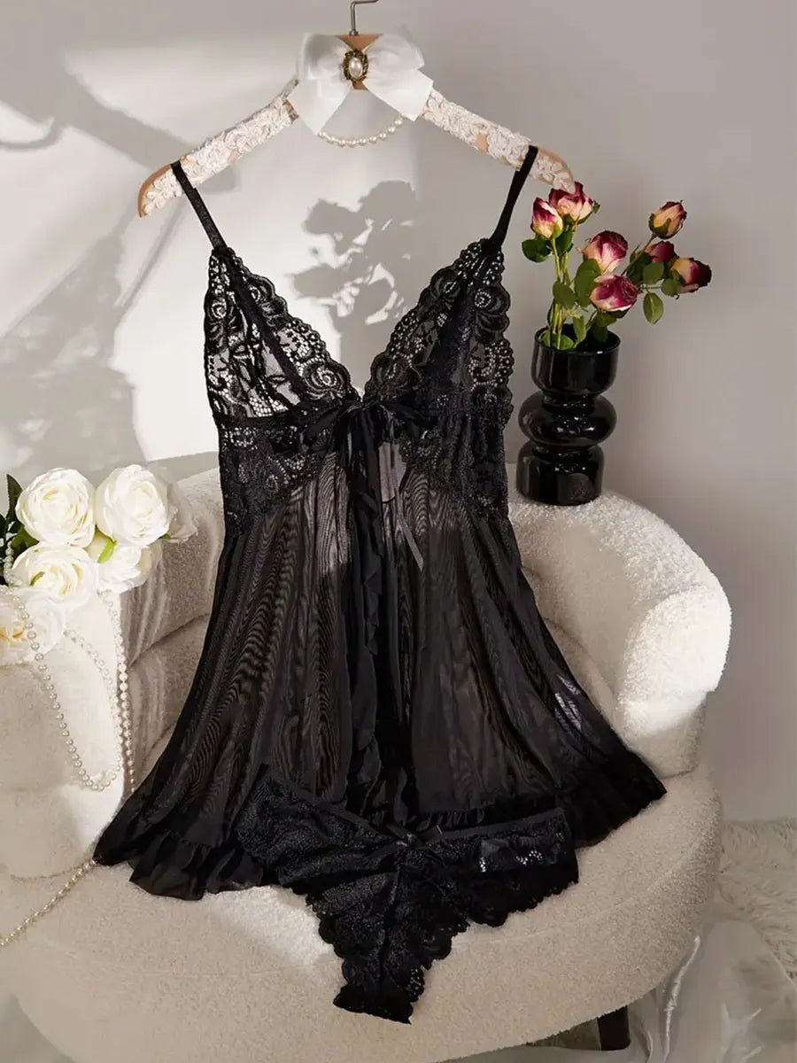 Summer Soft Sheer Nighty Pajamas Nightgowns Dark Green Halter Dress Women Sleepwear Sexy Nightdress Thong Sets