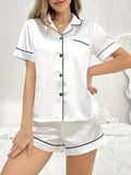 Summer Silk Satin Pajamas Set Womens Short Sleeve Turn-down Collar Button Top & Shorts Sleepwear Loungewear Nightwear
