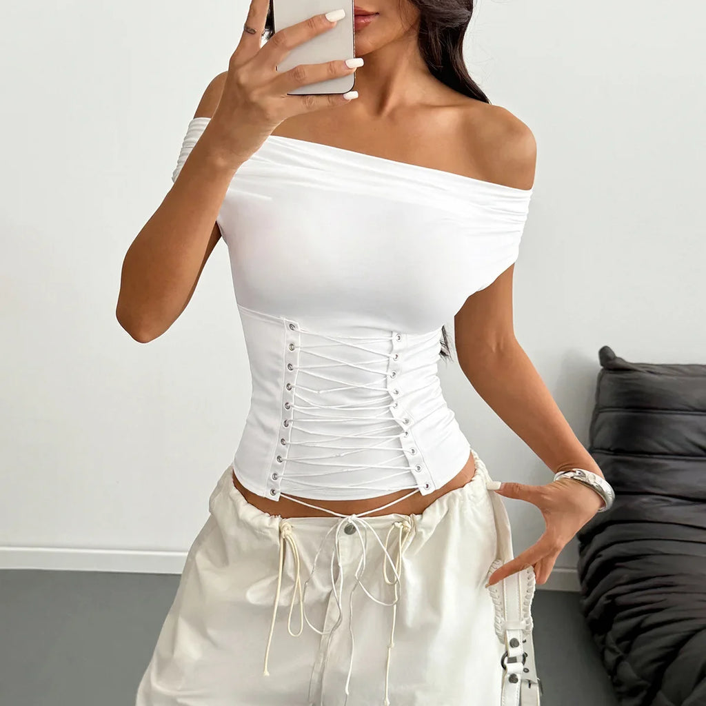 Summer Slash Neck T Shirts Women Sexy Short Sleeve Pleate Slim Fishbone Waist Cinching Tops Bandage Cross Club Party T-Shirt