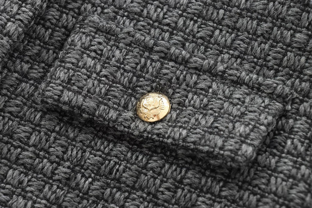 Foridol Tweed Knitted Dark Grey Blazer Coat Women Autumn Winter Gingham Short Coat Office Lady Vintage Buttons Veste