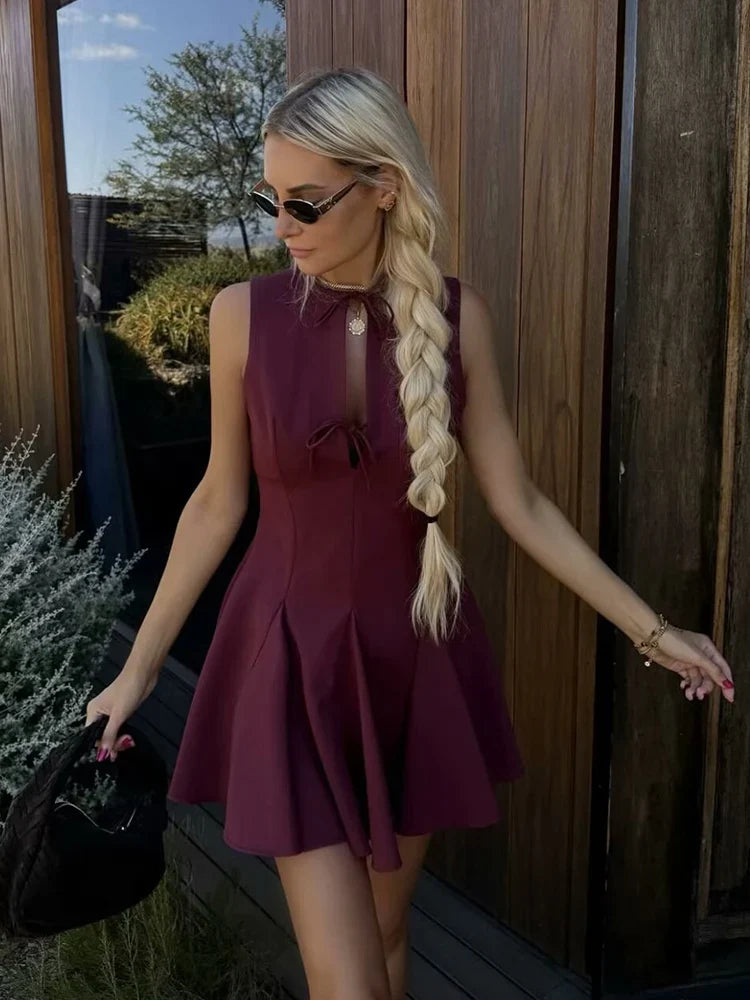 Foridol Bowknot Pleated Short Dress for Women O Neck Sleeveless Tank Mini Party Dresses Summer Spring 2025 New in Casual Vestido