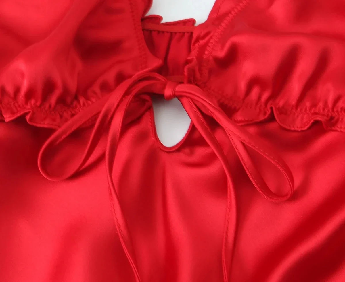 Foridol Ruffles Tie Up Satin Dress Women Elegant Maxi Long Summer Party Dress Spaghetti Strap Red Sexy Sundress Vestidos 2025