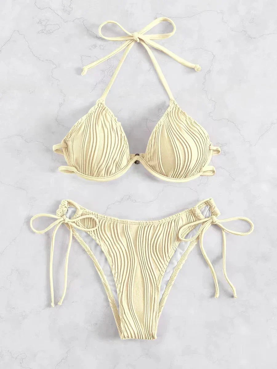 2026 Halter String Bikini Solid Push Up Swimsuit Women Sexy Swimwear Female Bathers Bathing Swimming Swim Suit Beachwear