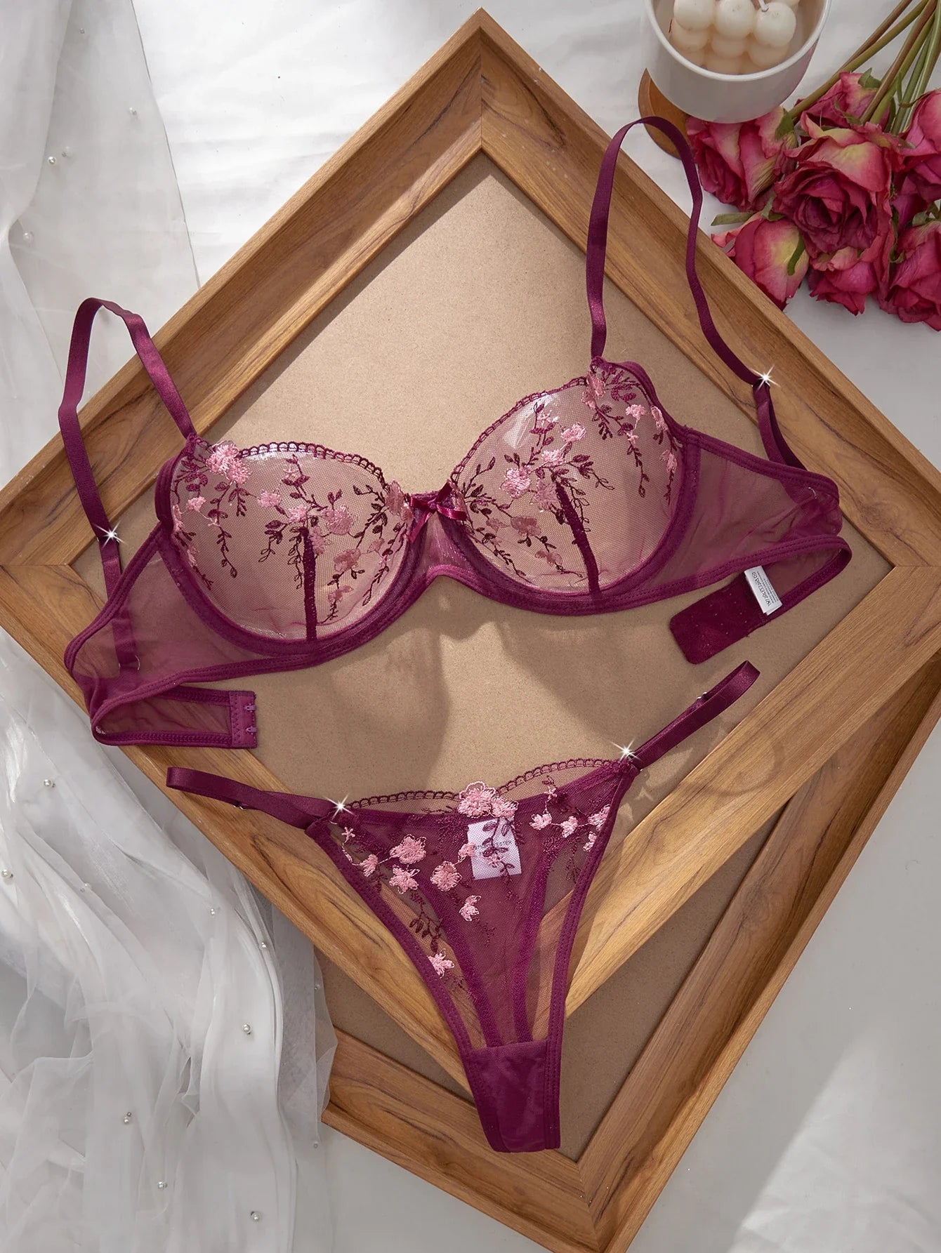 Ladies Classic Black Blue Floral Print Ultra-Thin Bra And Panties Set Elegant Underwear Combo for Women