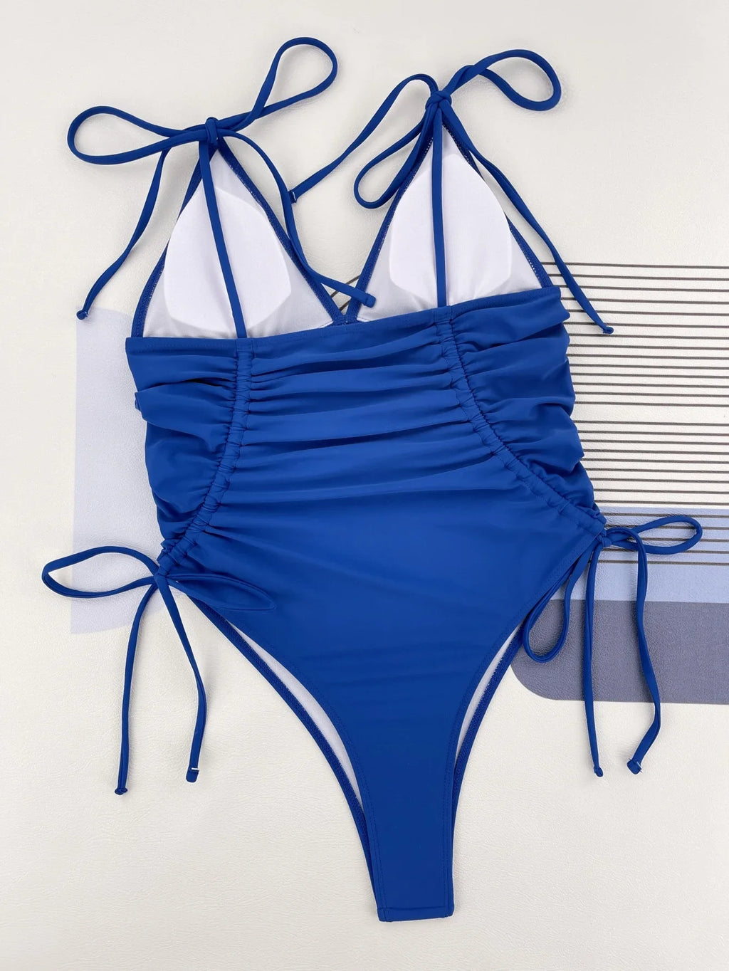 Sexy Pleate Push Up One Piece Swimsuit 2025 Women Solid Blue Slim Tummy Control Swimwear Tie Side Lace Up Bathing Suit Monokini
