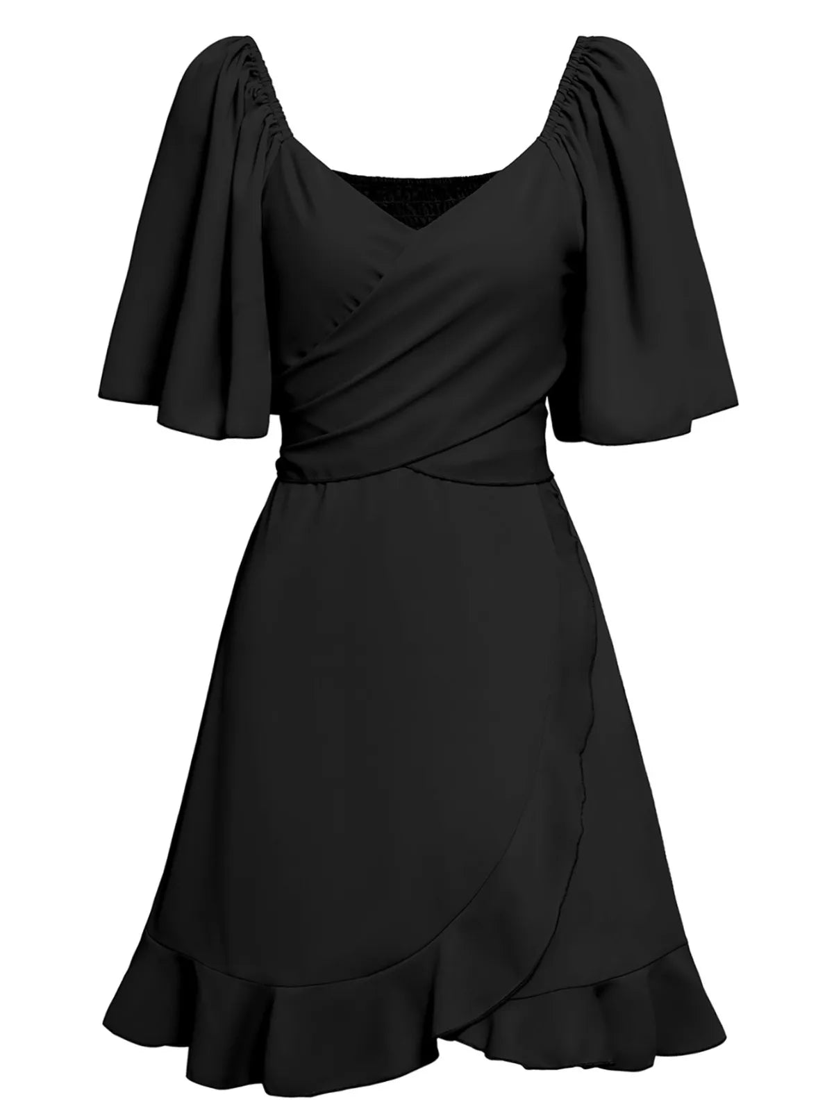 Summer Dress Women'S Fashion V Neck Short Flared Sleeved Wedding Guest Dresses Smocked Elastic Waisted Tiered Belted Ruffle Hem