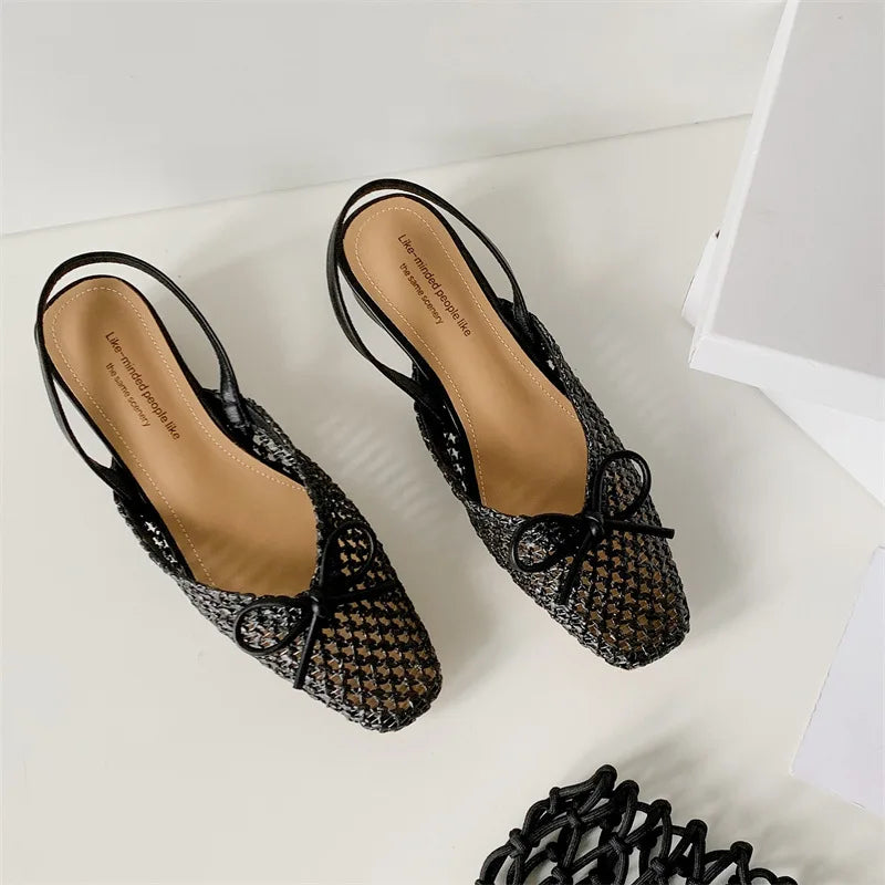 Woven Bow Back Strap Design Sandals Women's Summer New Square Head Shallow Mouth Single Shoe Comfortable Elegant Cool Pumps