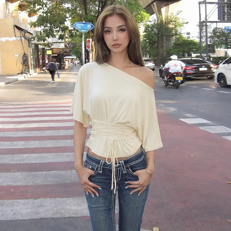 FDYOUI Sexy Short Sleeve Lace-up T-shirts Women 2026 Summer Diagonal Collar Corset Tops Streetwear Y2K Female Bandage T Shirt