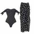 Black Dot Print One Piece Swimsuit Pleate Long Skirt Set 2026 Women Vintage Bandeau Ruffle Push Up Bathing Suit Holiday Swimwear