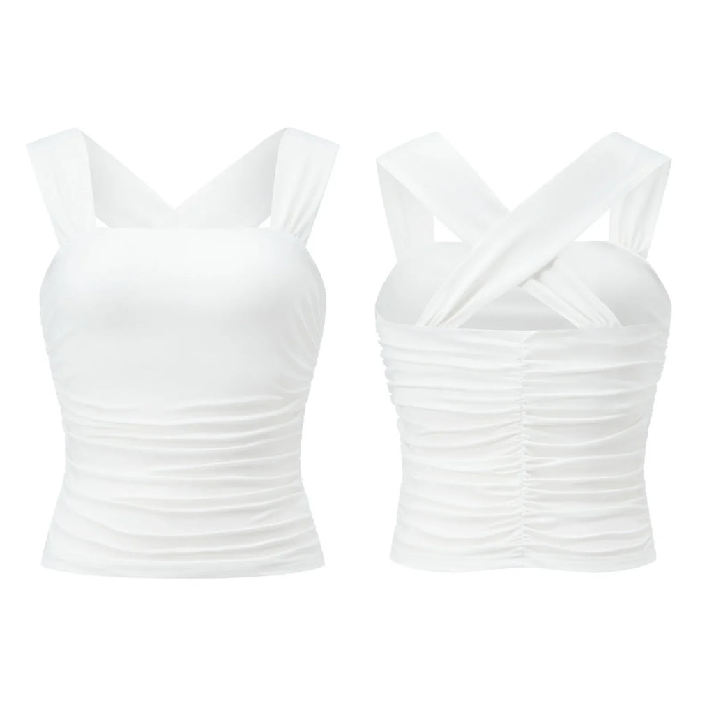 Women Square Neck White Tank Tops Ruched Design Sleeveless Solid Color Slim Fit Crop Tops Summer Vest Shirts
