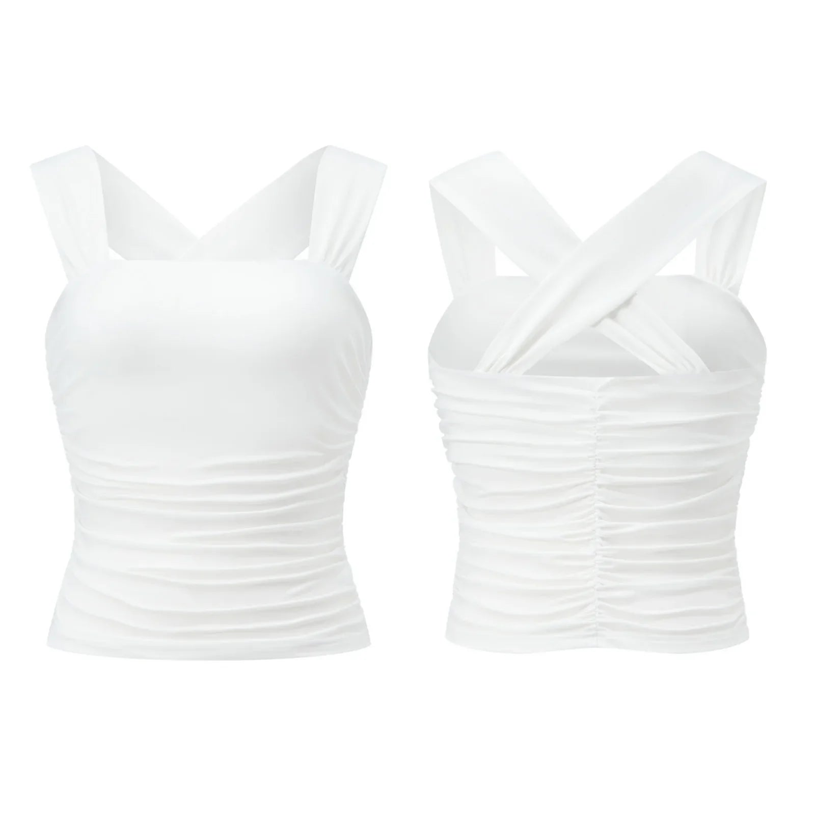Women Square Neck White Tank Tops Ruched Design Sleeveless Solid Color Slim Fit Crop Tops Summer Vest Shirts