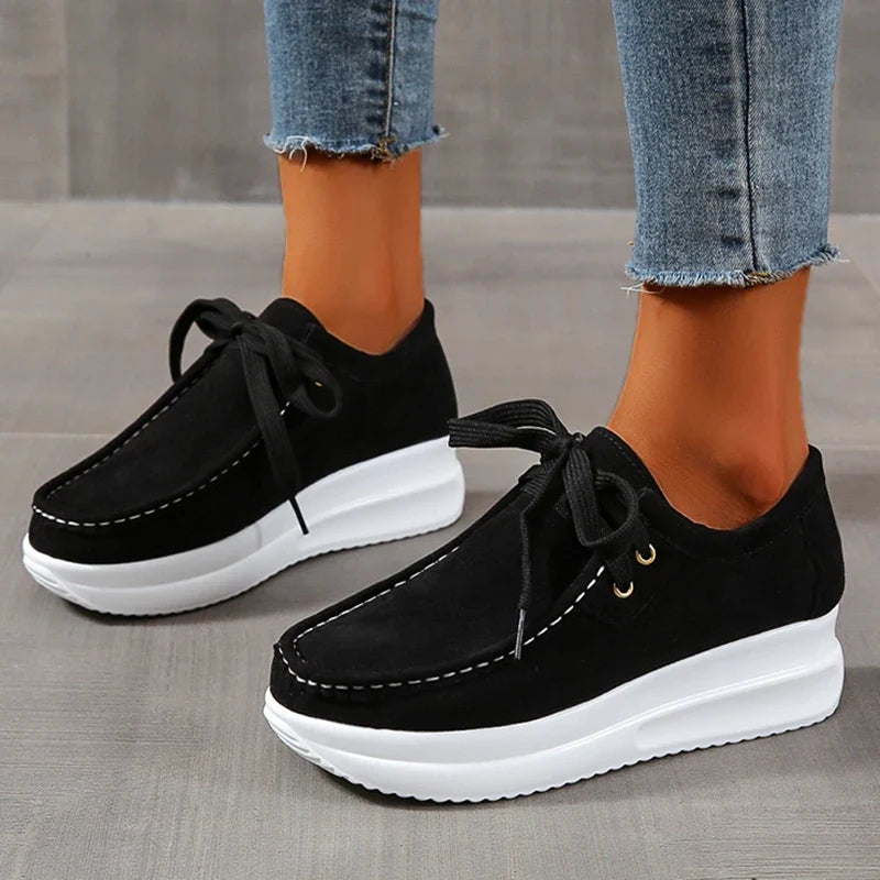 Yellow Lace Up Thick Bottom Sneakers Women Lightweight Wedges Platform Sport Shoes Woman Plus Size 43 Anti Slip Walking Shoes