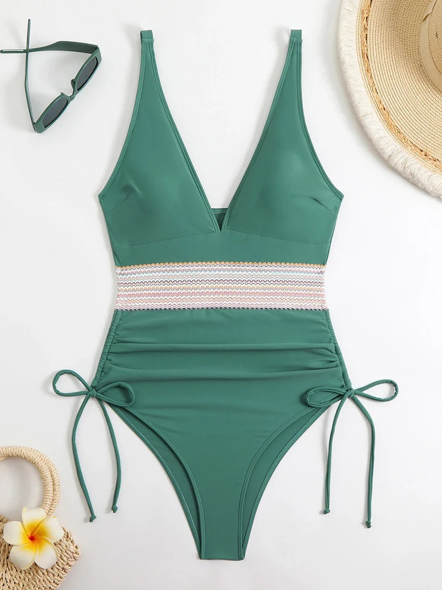 2026 Sexy Solid One Piece Swimsuit Women V-neck Drawstring Swimwear Female Bathers Bathing Swimming Swim Suit Beachwear