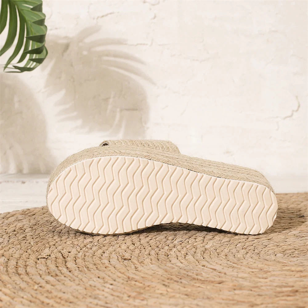 2026 Big Size 43 Summer Espadrilles Sandals Women Beach Vacation Mules Outdoor Slides Shoes Straw Weave Chunky Platform Sandals
