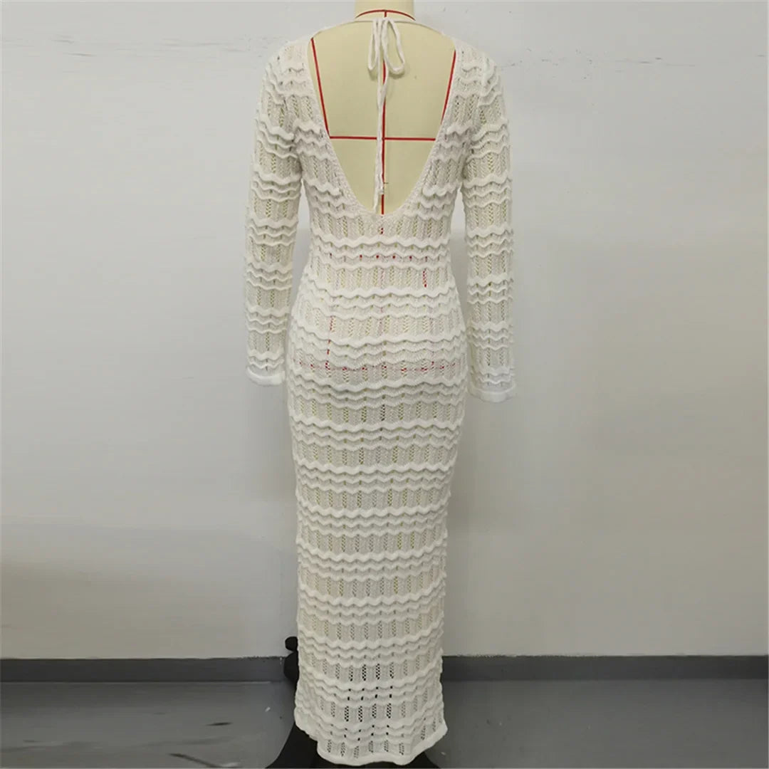 2025 Hollow Out Long Sleeve Backless Knitted Tunic Beach Cover Up Cover-ups Beach Dress Beach Wear Beachwear Female Women K6597