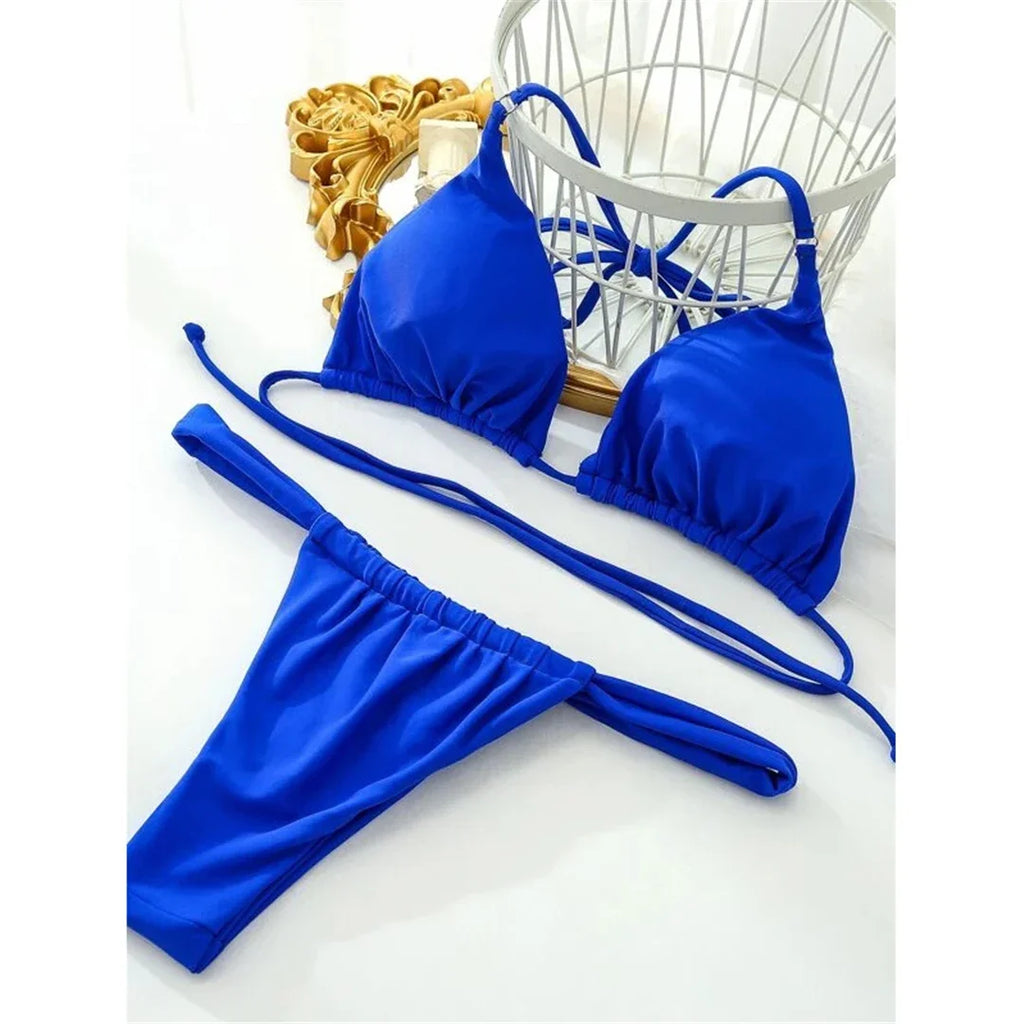 Wrinkled High Cut Mini Micro Thong Bikini Women Swimwear Female Swimsuit Two-pieces Bikini Set Halter Bather Bathing Suit Swim