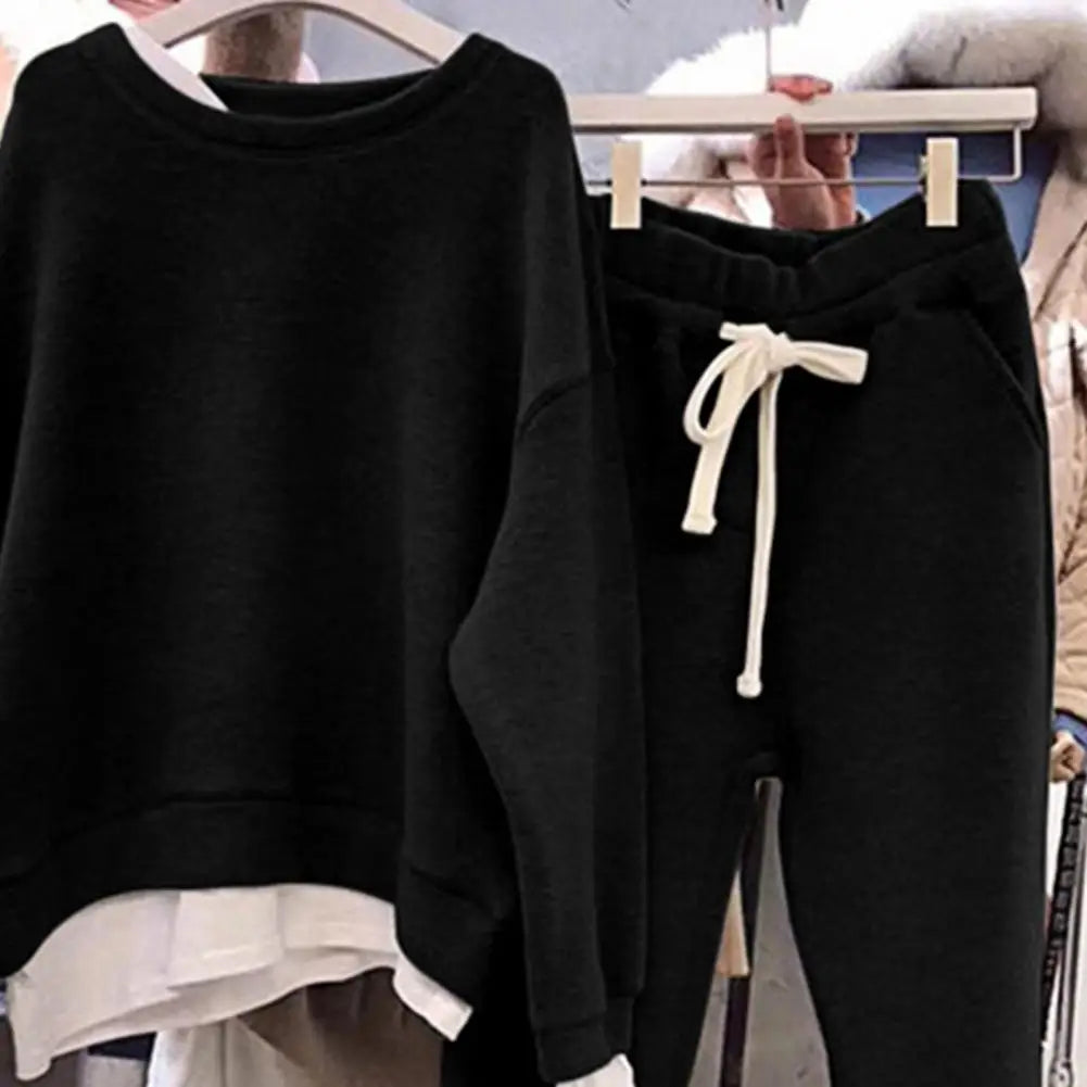 2 Pcs/Set Women Sweatshirt Pants Set Fake Two-piece Crew Neck Loose Elastic Waist Drawstring Casual Women Autumn Tracksuit
