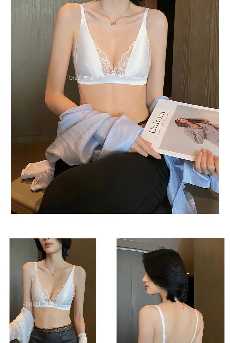 Elegant French Lace Triangle Bra, Summer Satin Bralette for Small Bust, Wirefree Sensual Lingerie Set MOYISU Panty Bras & Set AB