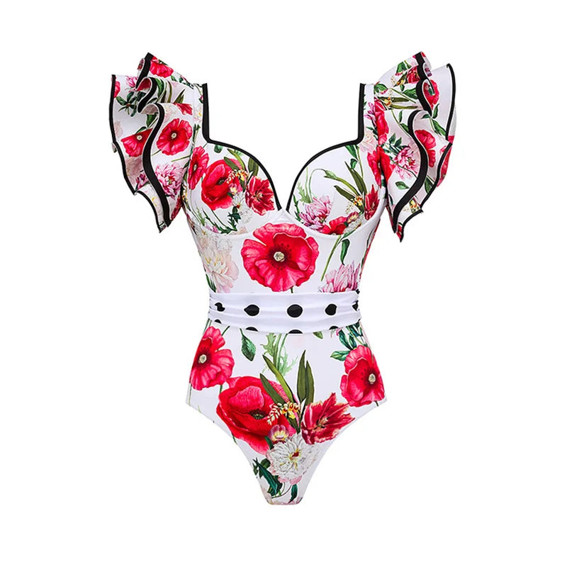 Vintage Ruffles Red Floral Print One Piece Swimsuit and Skirt Set Swimwear 2024 Push Up Underwire Bathing Suit Padded Monokini