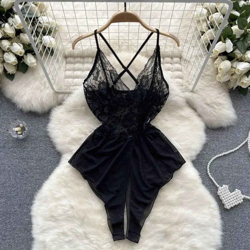 Sexy Erotic Open Bra Open Crotch Lenceria Mesh Lace Underwear Women Intimate Lingerie Crotchless Bodysuit Sexy Costumes
