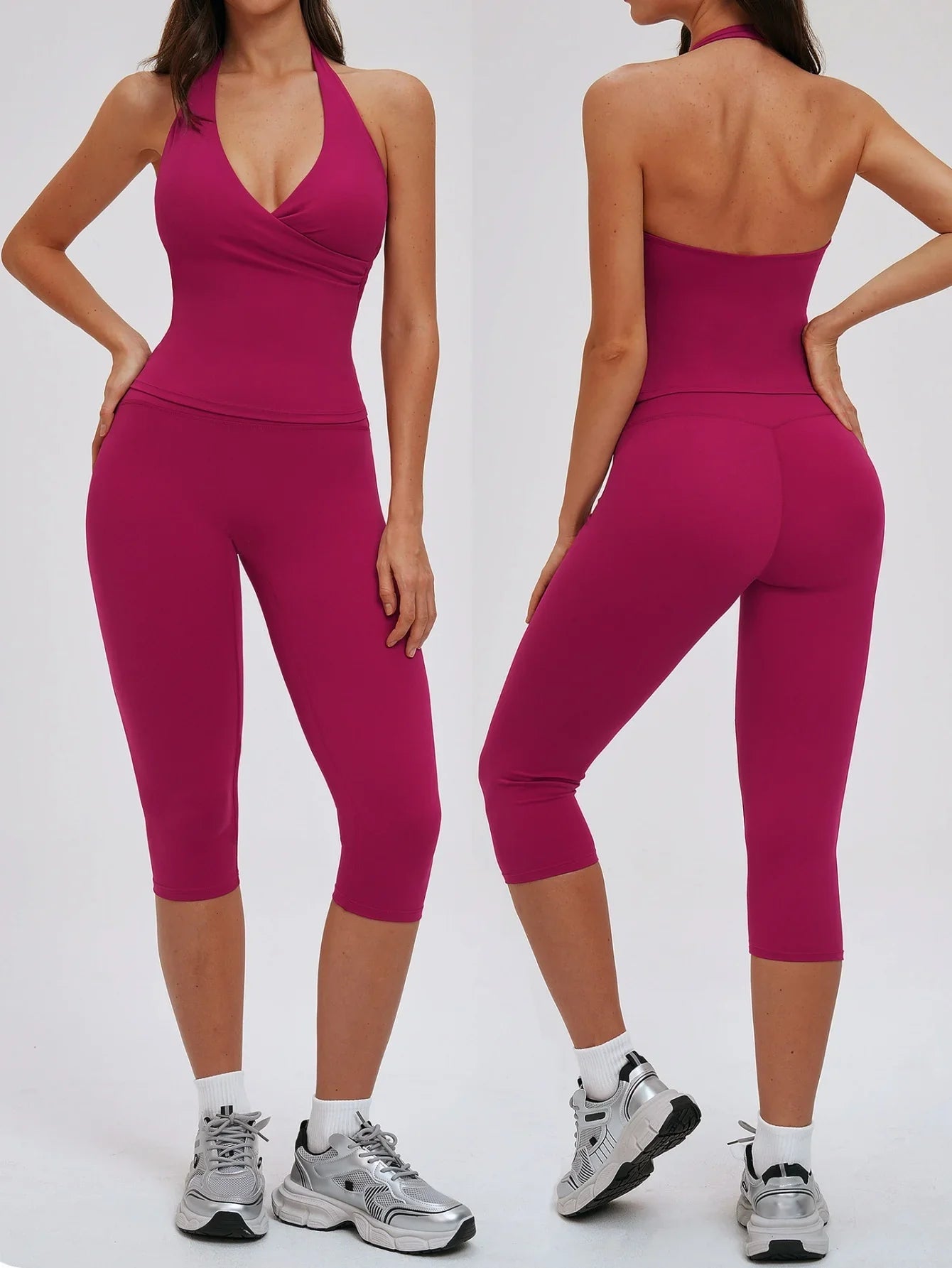 2PCS Workout Set Women Yoga Sets V Neck Cross Slim Sports Tank Top Athletic Wear Outdoor Tight High Waist Leggings Fitness Suits