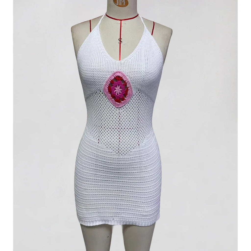 Hollow Out Halter Backless Crochet Knitted Tunic Beach Cover Up Cover-ups Beach Dress Beach Wear Beachwear Female Women K7022