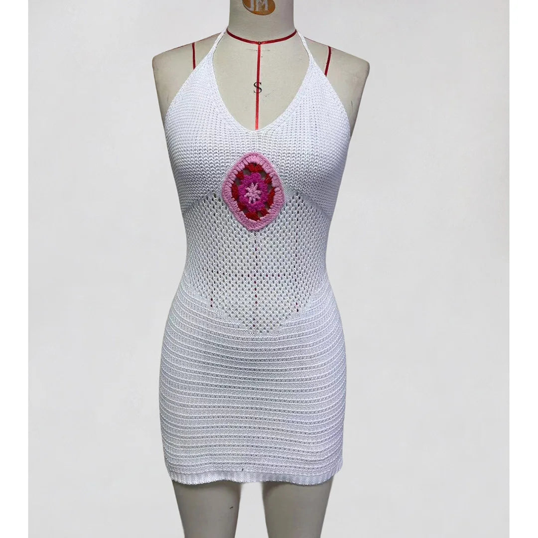 Hollow Out Halter Backless Crochet Knitted Tunic Beach Cover Up Cover-ups Beach Dress Beach Wear Beachwear Female Women K7022