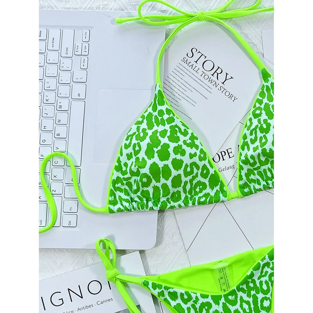 Sexy Leopard Printed Halter Brazilian Bikini Women Swimwear Female Swimsuit Two-Piece Bikini Set Bather Bathing Suit Swim V3681