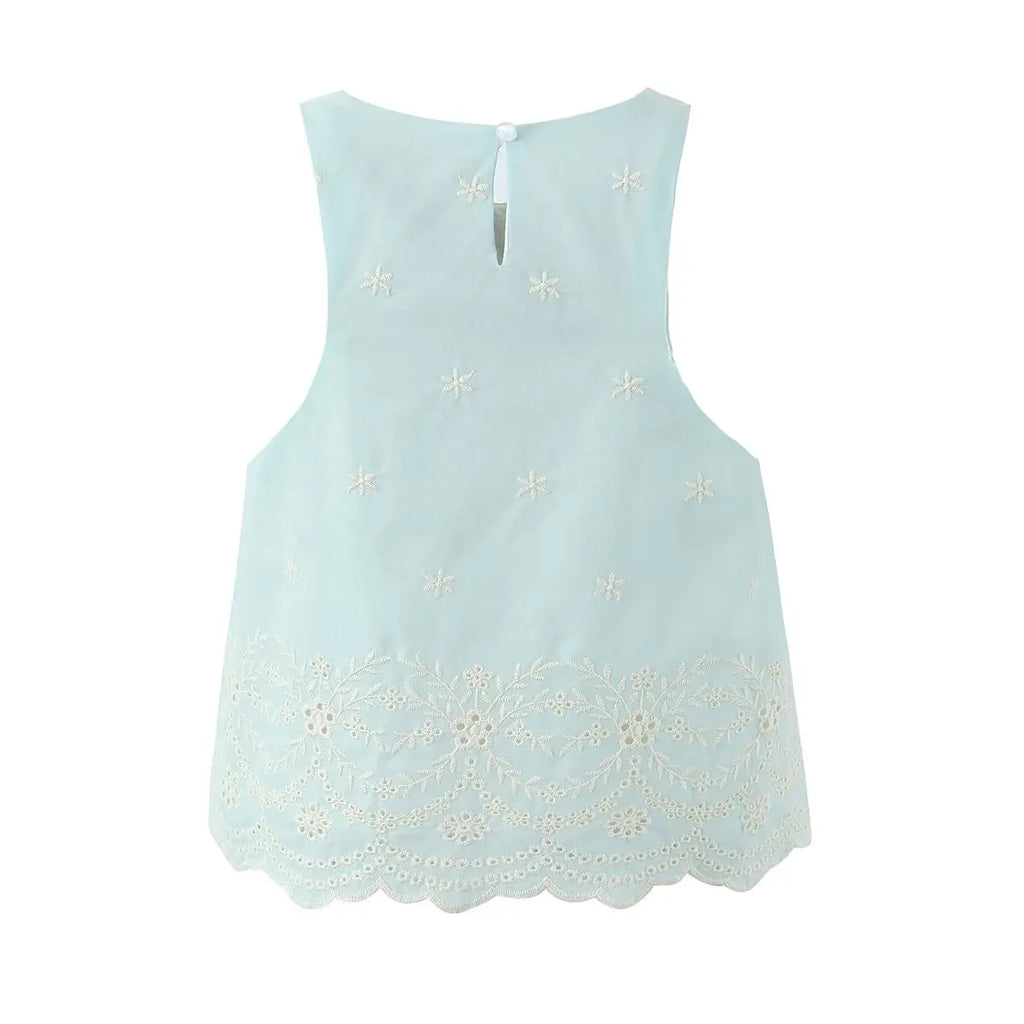 Sleeveless Top Skirt Two Pieces Matching Set for Women Light Blue Vintage Skirt Set French Style Embroidery Cotton Dress Set