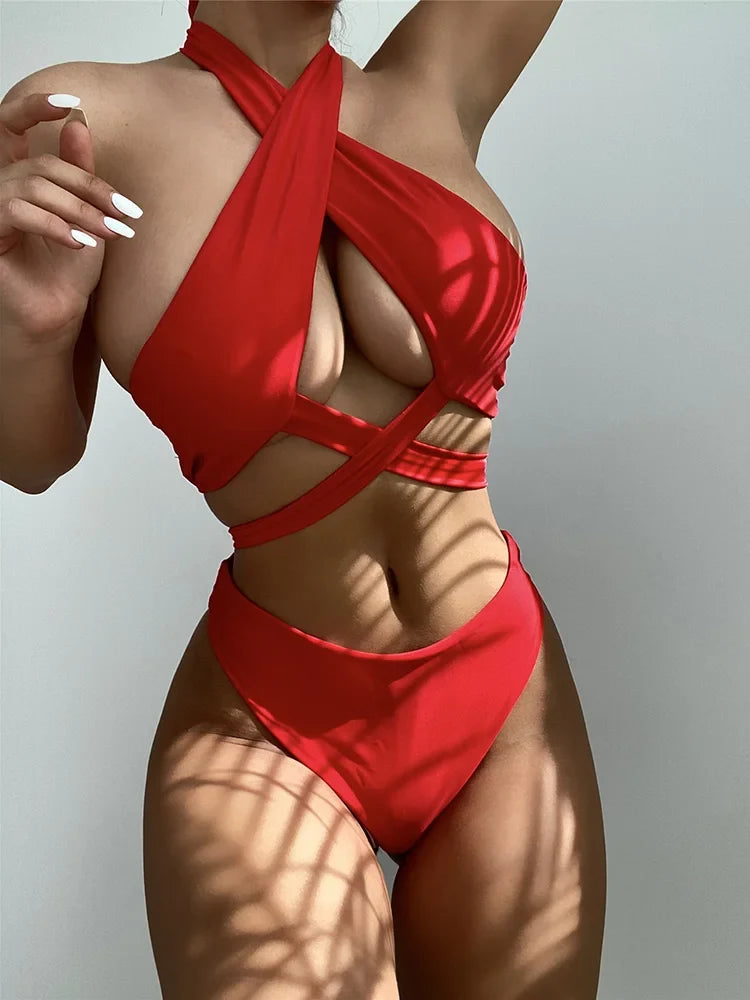 Halter Cross Bandage High Cut Bikini Women Swimsuit Female Swimwear Two-pieces Bikini Set Hollow Out Bather Bathing Suit Swim