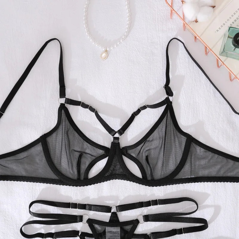 Toucheart Sexy Mesh Lingerie Split Kit with Gloves Steel Ring Laceup Patchwork Skinny See-through Hollow Interesting Private Set