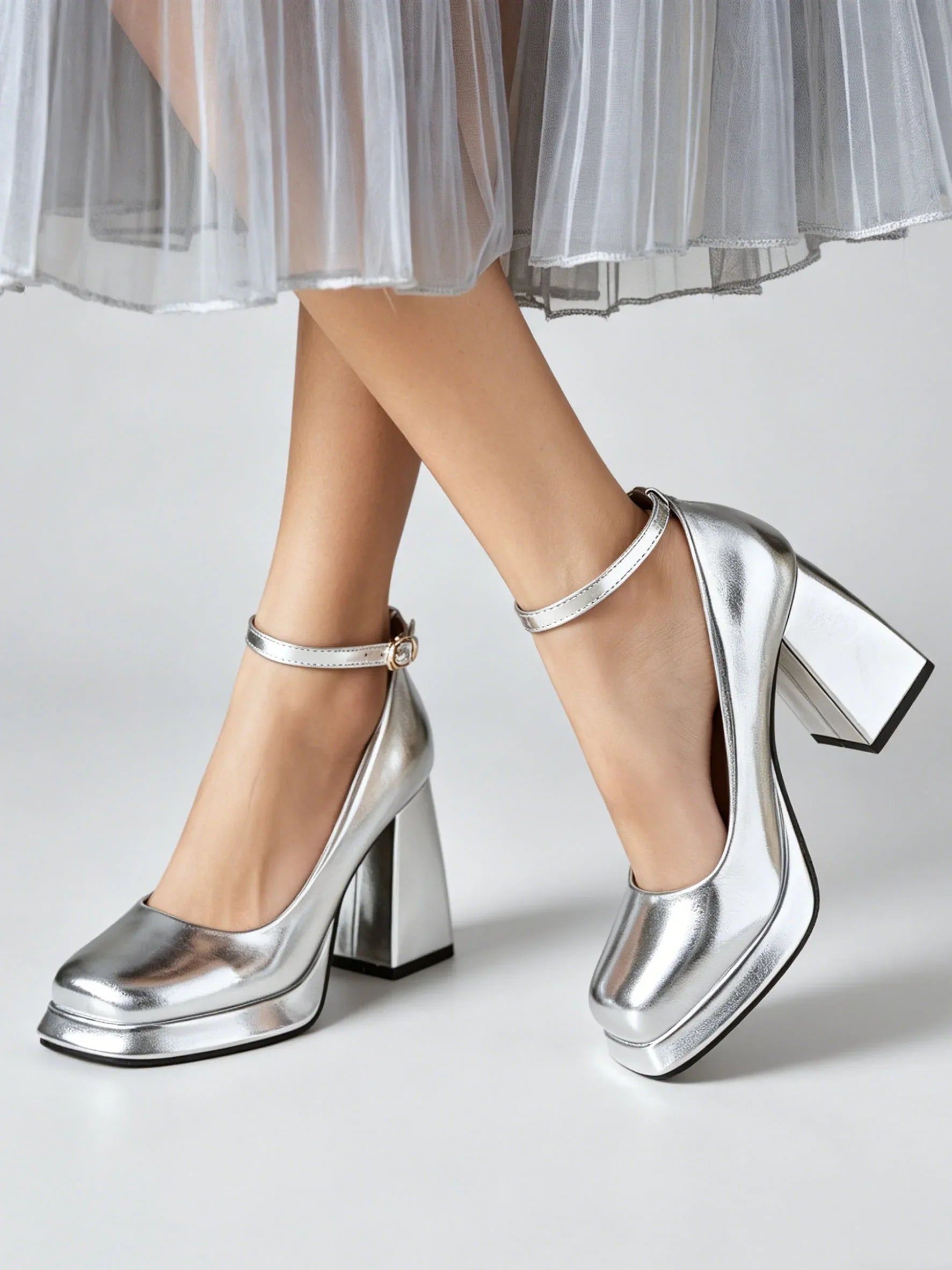 Big Size 32-46 Elegant Gold Metallic Platform High Heels Women Shoes Square Toe Ankle Strap Chunky Heel Party Wedding Pumps