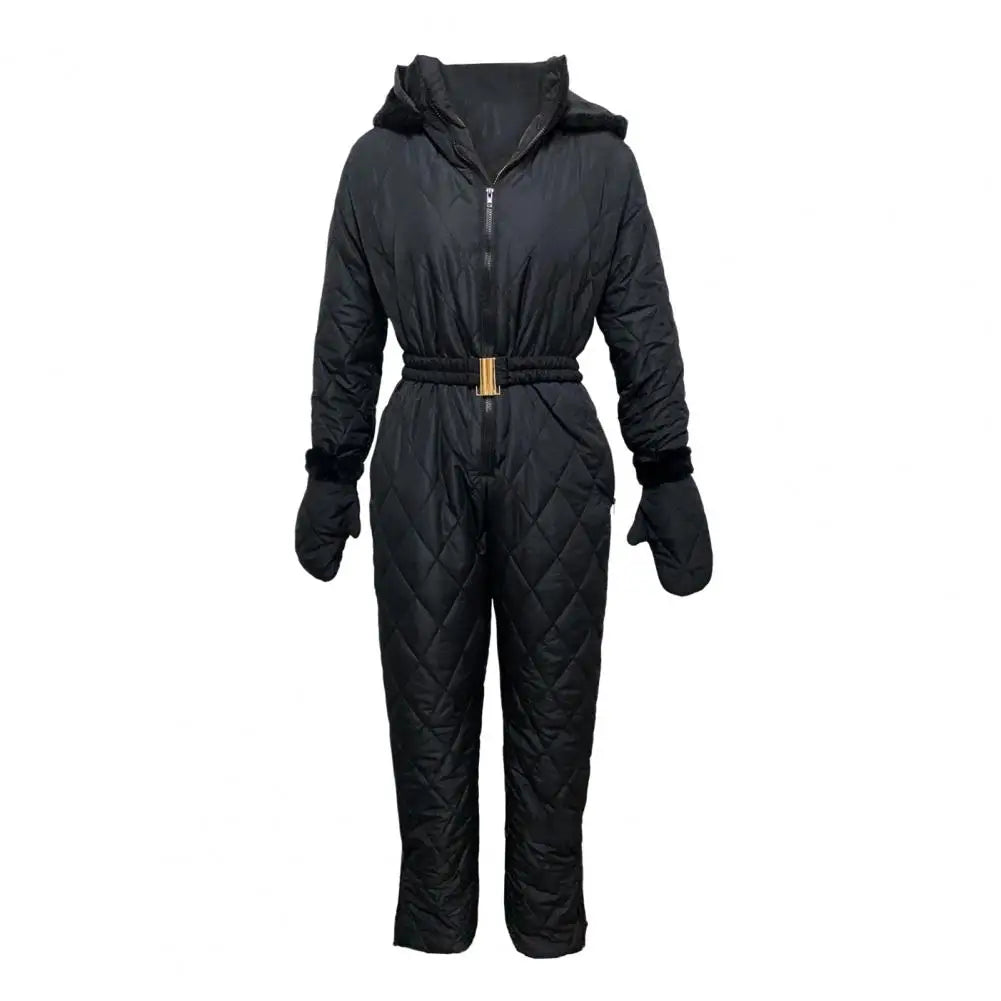 Women Winter Jumpsuit with Gloves Elastic Waist Thickened Padded Snowsuit Hooded Windproof Outdoor Ski Outfit Waterproof Jacket