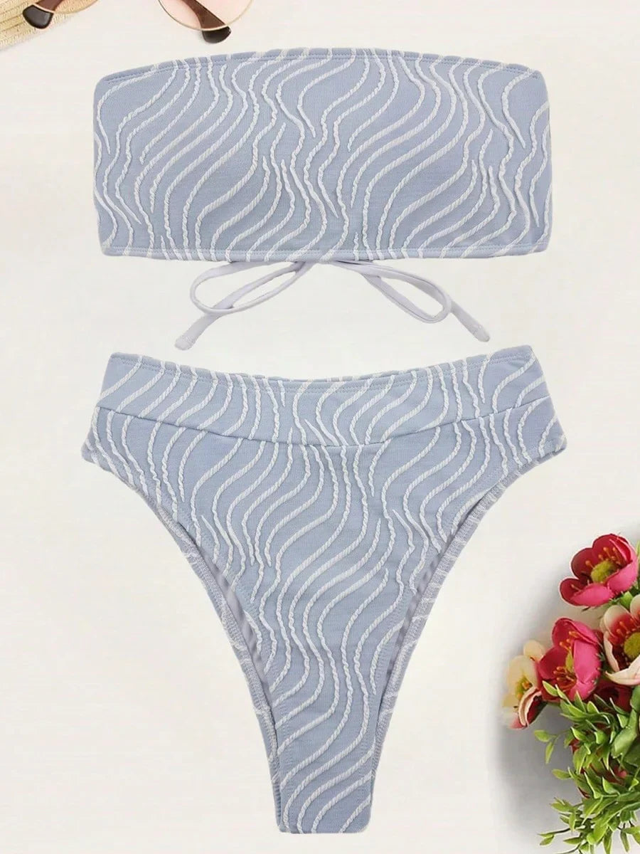 Wave Striped Bikinis High Waist Bikini Female Bandeau Swimsuit Women Swimwear Two-pieces Bikini Set Bathing Suit Swim Beach Wear