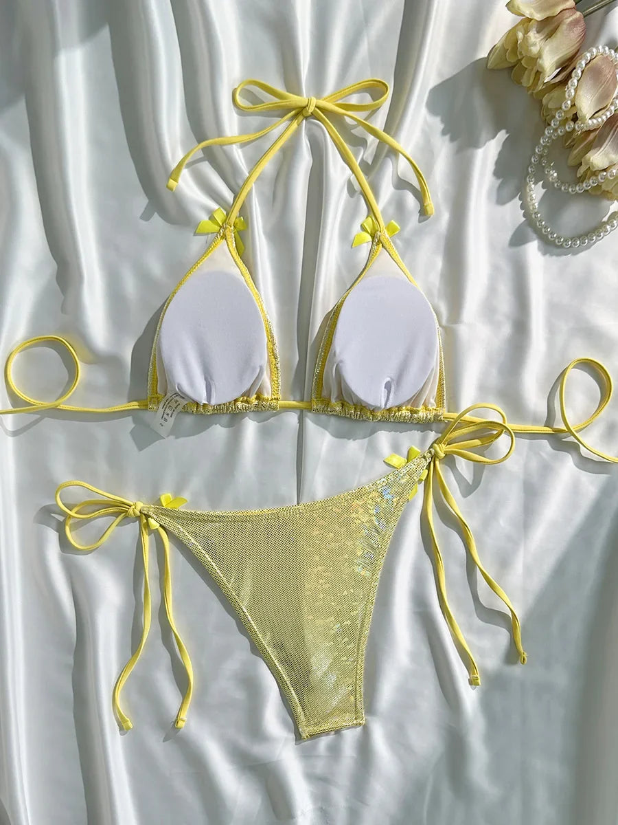 Sparkling Glitter Halter Bow Bikini Female Swimsuit Women Swimwear Two-pieces Bikini Set High Cut Bather Bathing Suit Swim Lady