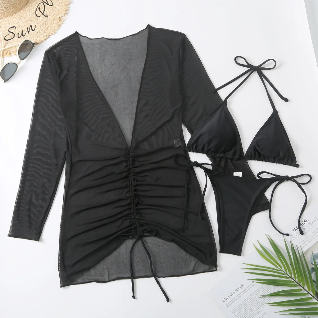 DEKA Sold Triangle Bikini Set Blouse Swimsuit Women Printed Halter Swimwear Cover Up Beach Wear 3 Pieces Sheer Bathing Suit