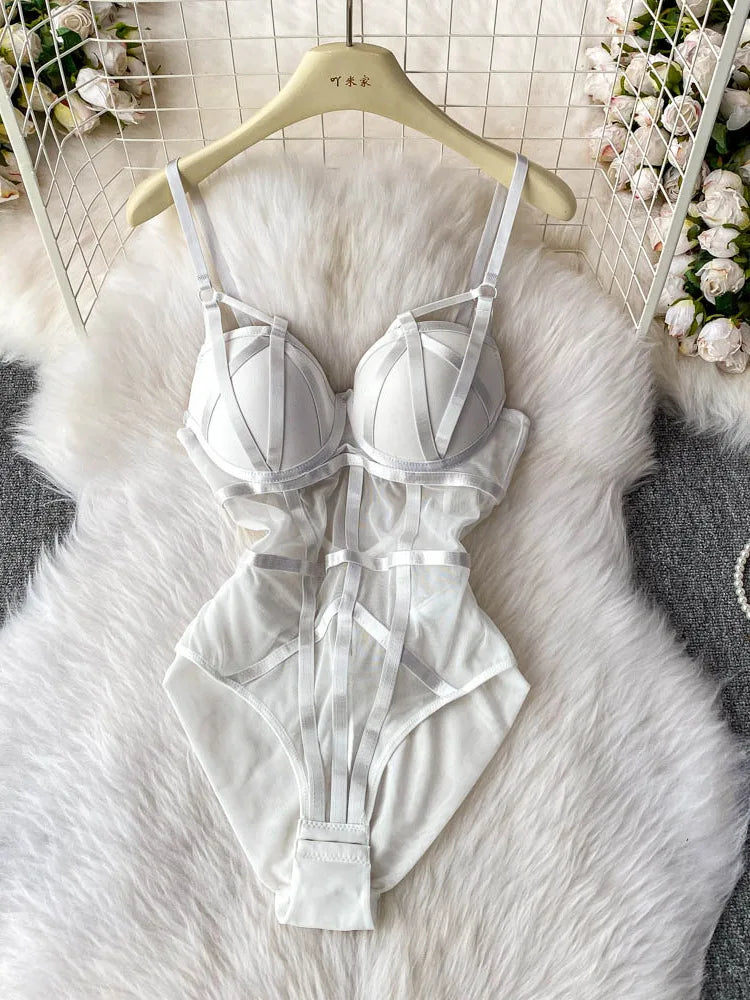 MOYISU Sexy Western Style Bodysuit for Women Sheer Net Halter Push Up Pads Summer Lingerie Figure Control See Through Hot Sale