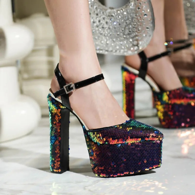 Women Platform Pointed Sandals 15.5CM/6Inch Summer Model Show Sequin Heels Europe and America Nightclub Party Large Size Shoes
