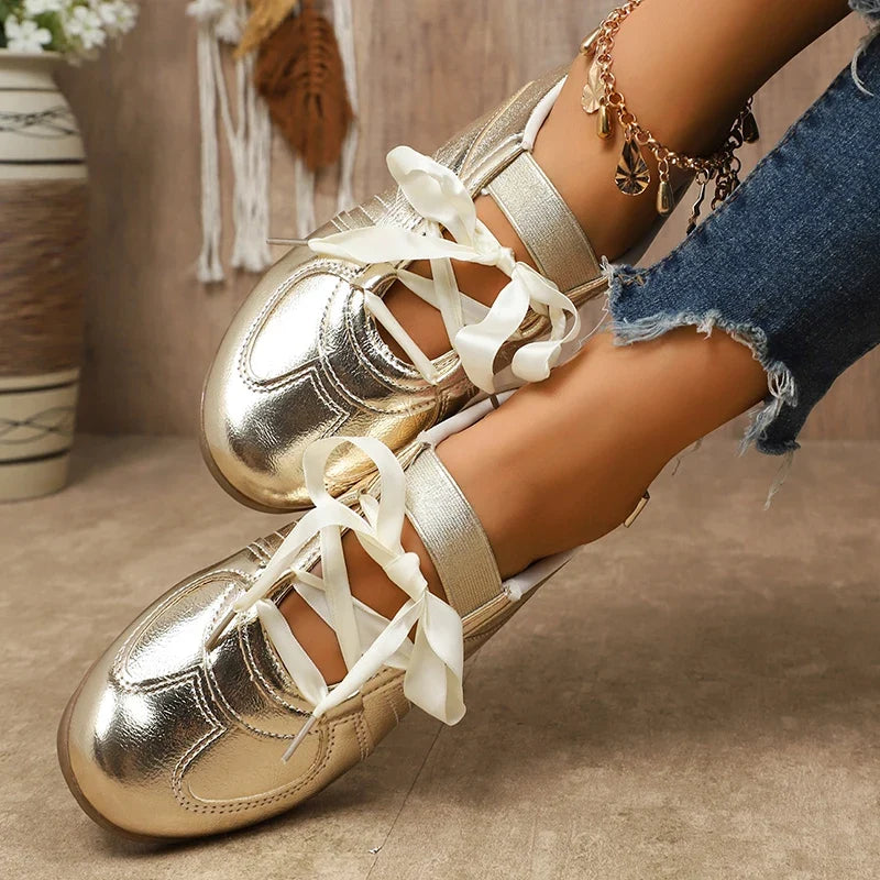 Sweet Ribbon Bowknot Ballet Flats for Women Plus Size 43 Gold Silver Platform Sneakers Woman Comfortable Soft Bottom Flat Shoes