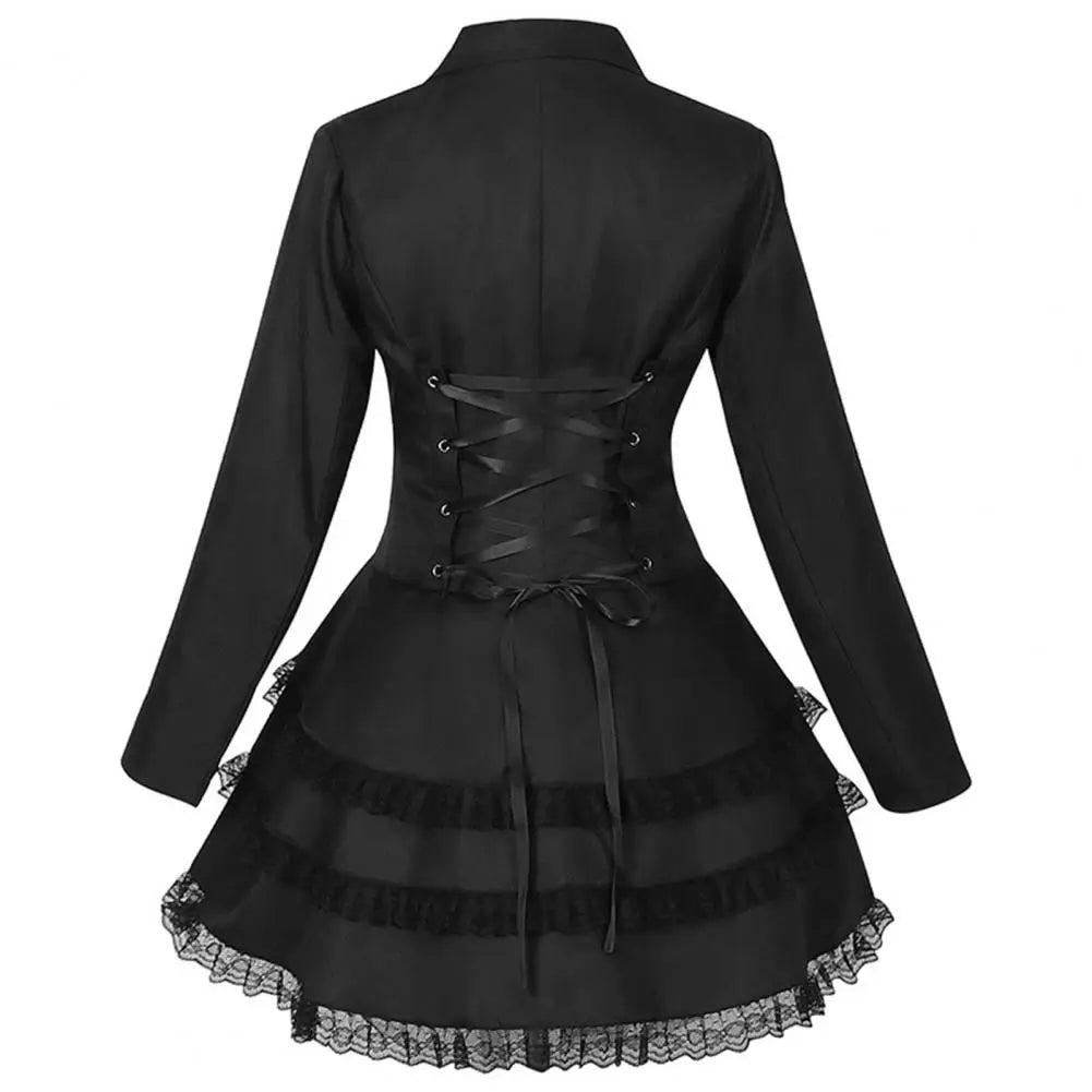 Women Double Breasted Victorian Steampunk Blazer Coat Gothic Tuxedo Tailcoat Jacket with Lace Hem Halloween Uniform Costume