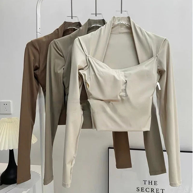 Women's Long Sleeve Fitness Sports Top Elegant Dance Yoga Shirt with Chest Cushion Small Waistband for Gym Speed up Short