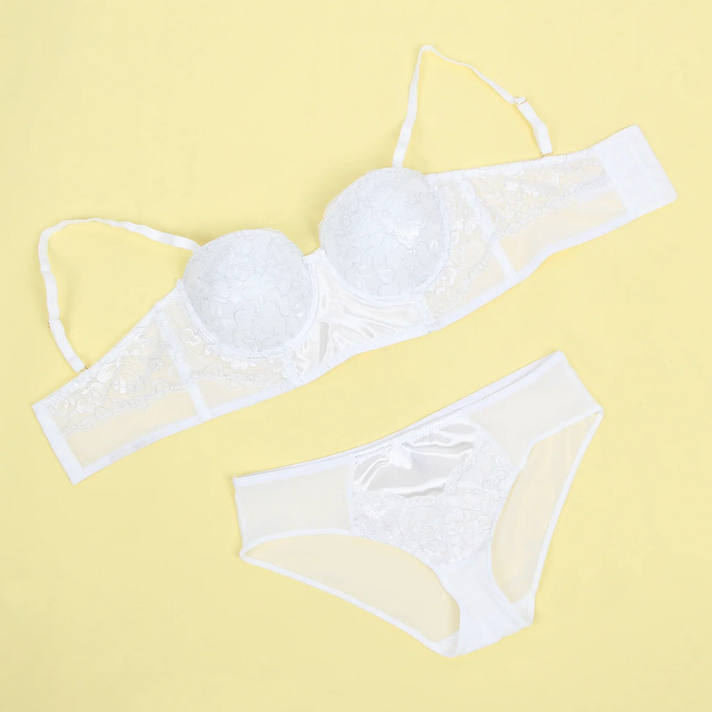White Lace Bra Set for Women Push Up Mesh Chiffon Silk Like Underwire Adjustable Back Closure Bralette with Panties